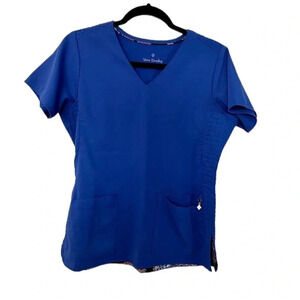 Vera Bradley Blue Short Sleeve V-Neck Medical Scrub Top w/ Pockets Size S GUC
